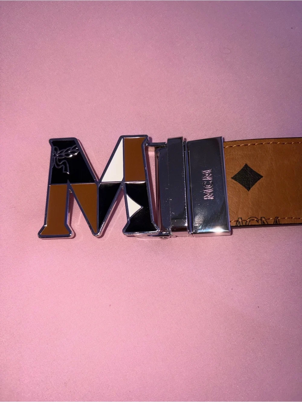 Men's Brown Leather Belt with Decorative Metal 'M' Buckle